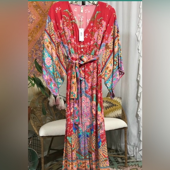 Shop Fig Tops - New Boho Floral Kimono Red Maxi Lotus Dress